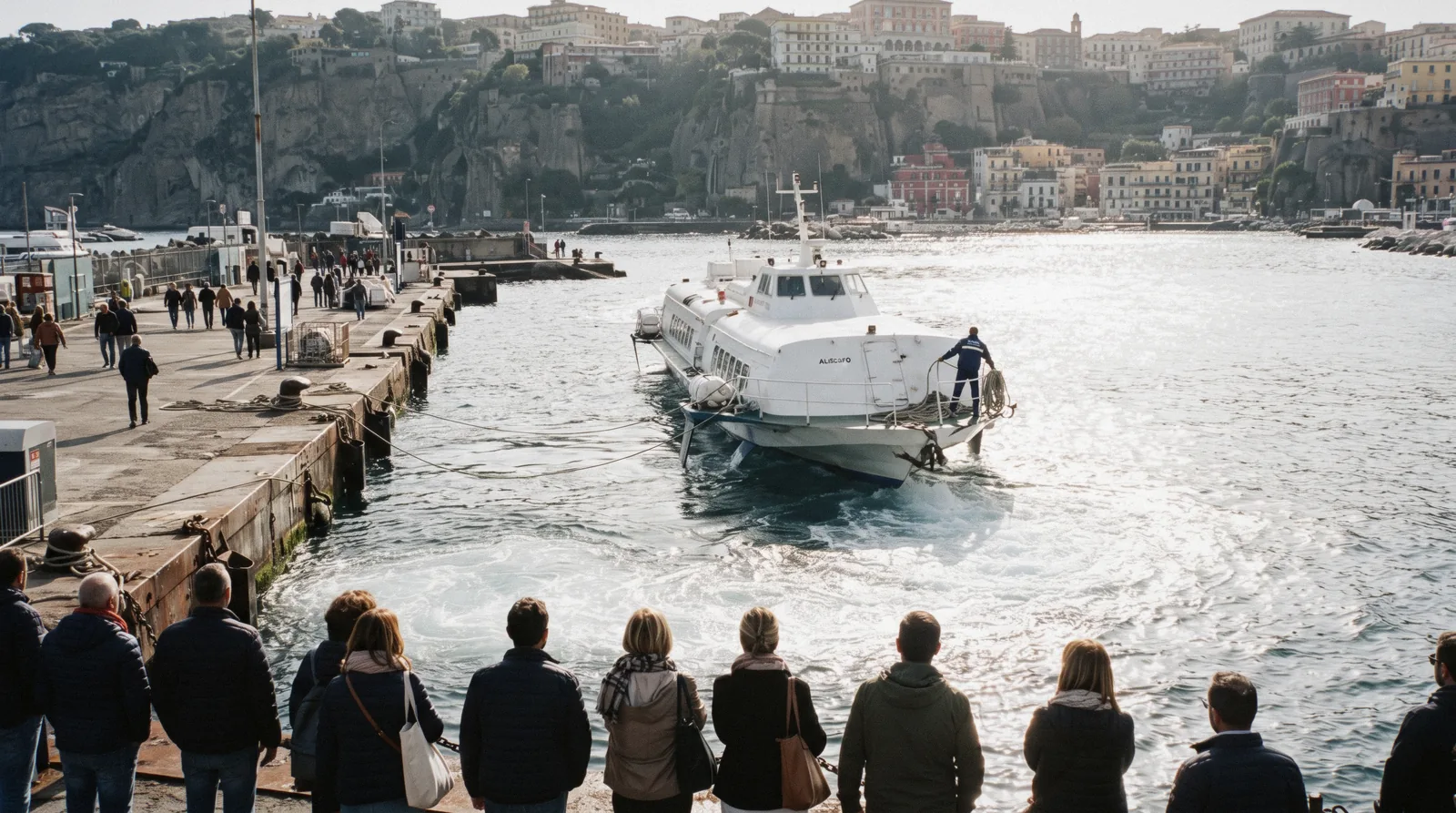 White passenger hydrofoil docking at the Marina Piccola pier in Sorrento with the bay and cliffs behind