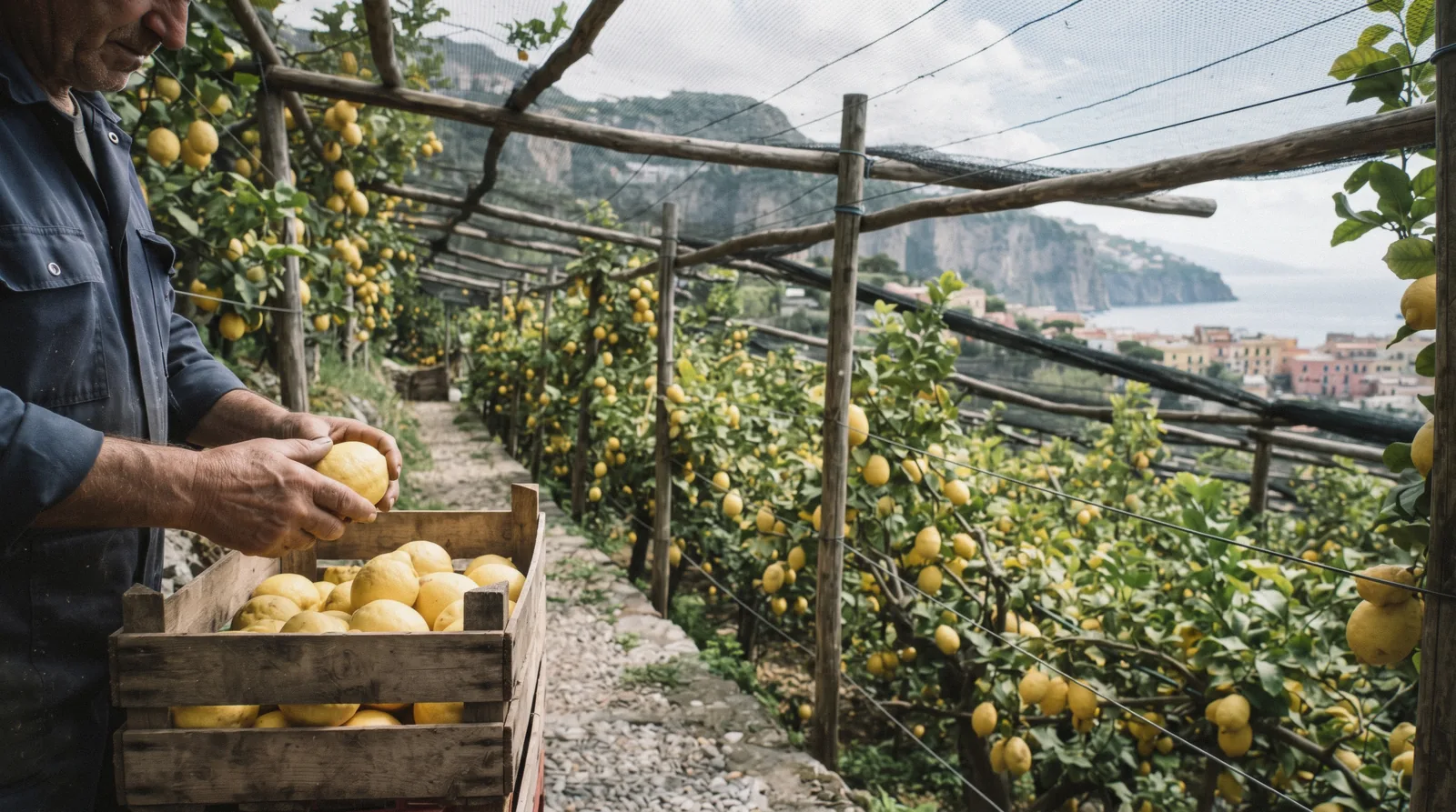 A grove table set for a limoncello tasting under lemon trees in Sorrento, bottles and sliced lemons in the shade