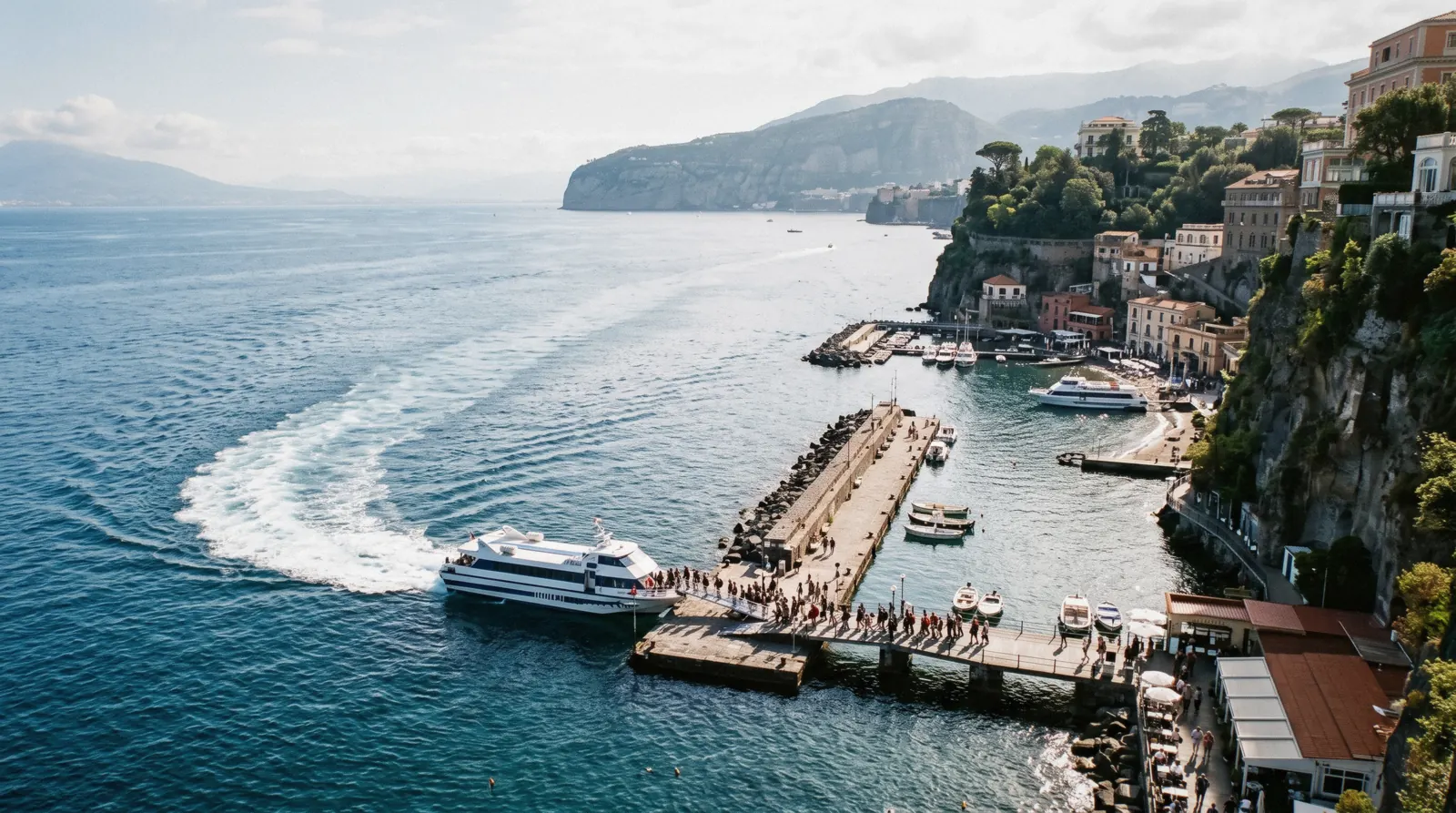 Ferry pier and hydrofoils below the cliff at Marina Piccola Sorrento
