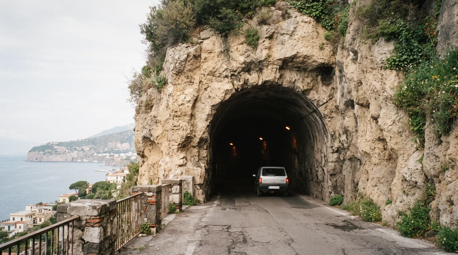 A parked car on a Sorrento side street with the town's tuff buildings and a painted parking bay line