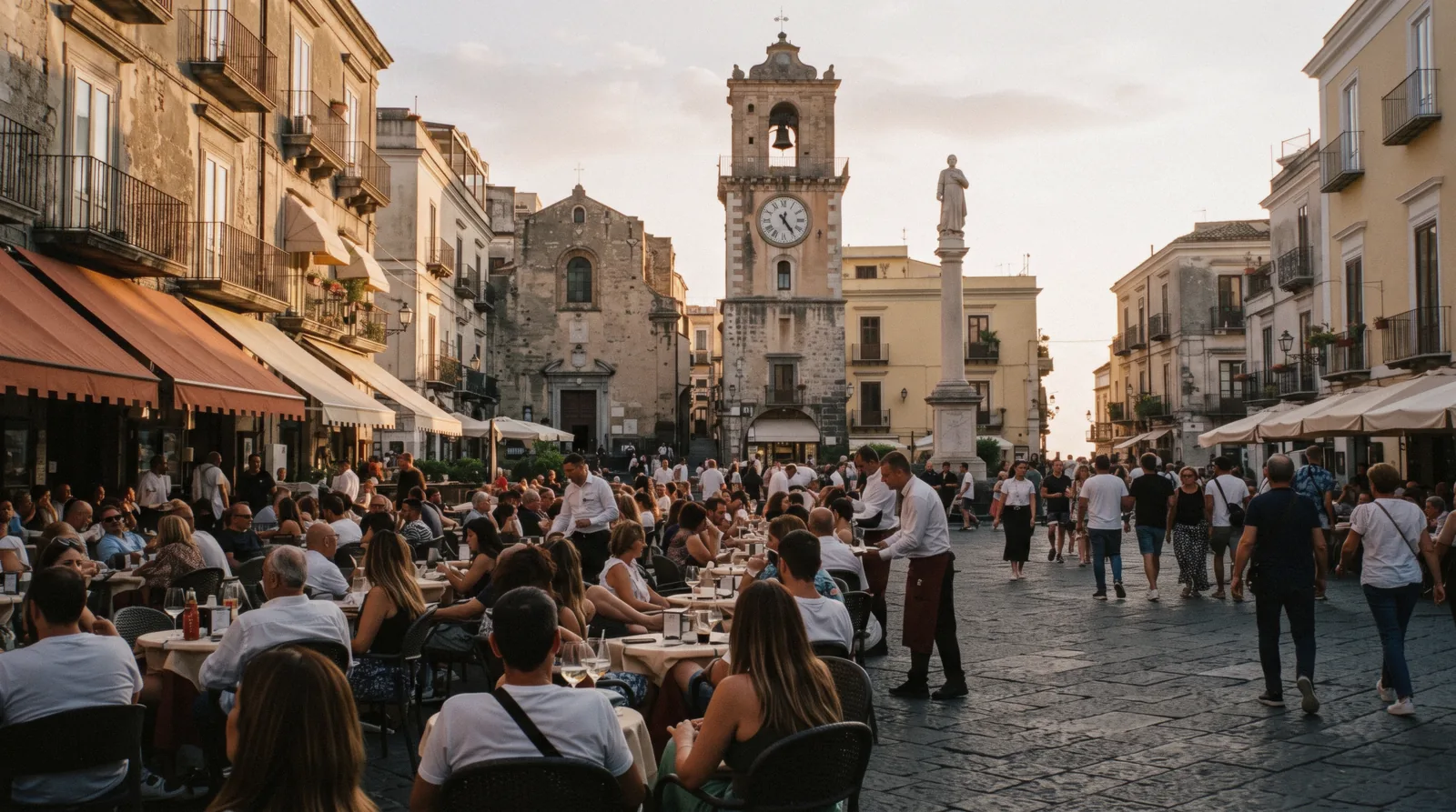 Piazza Tasso in Sorrento with the statue of Torquato Tasso and the baroque facade of the Carmine church in morning light
