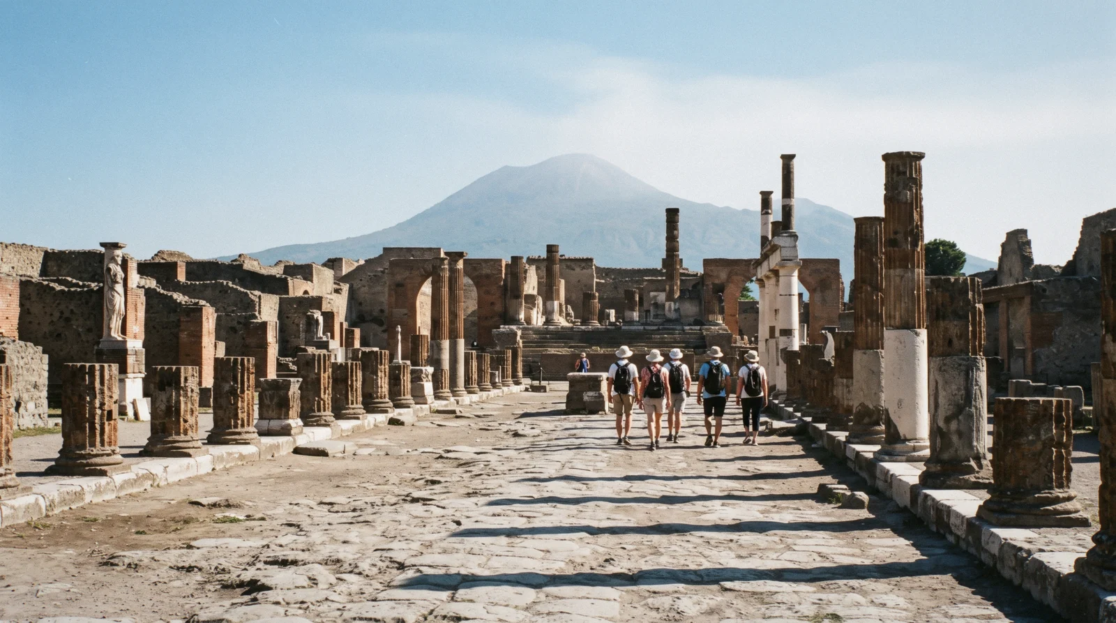 The stone columns of the Forum at Pompeii with the outline of Vesuvius behind them in hazy morning light