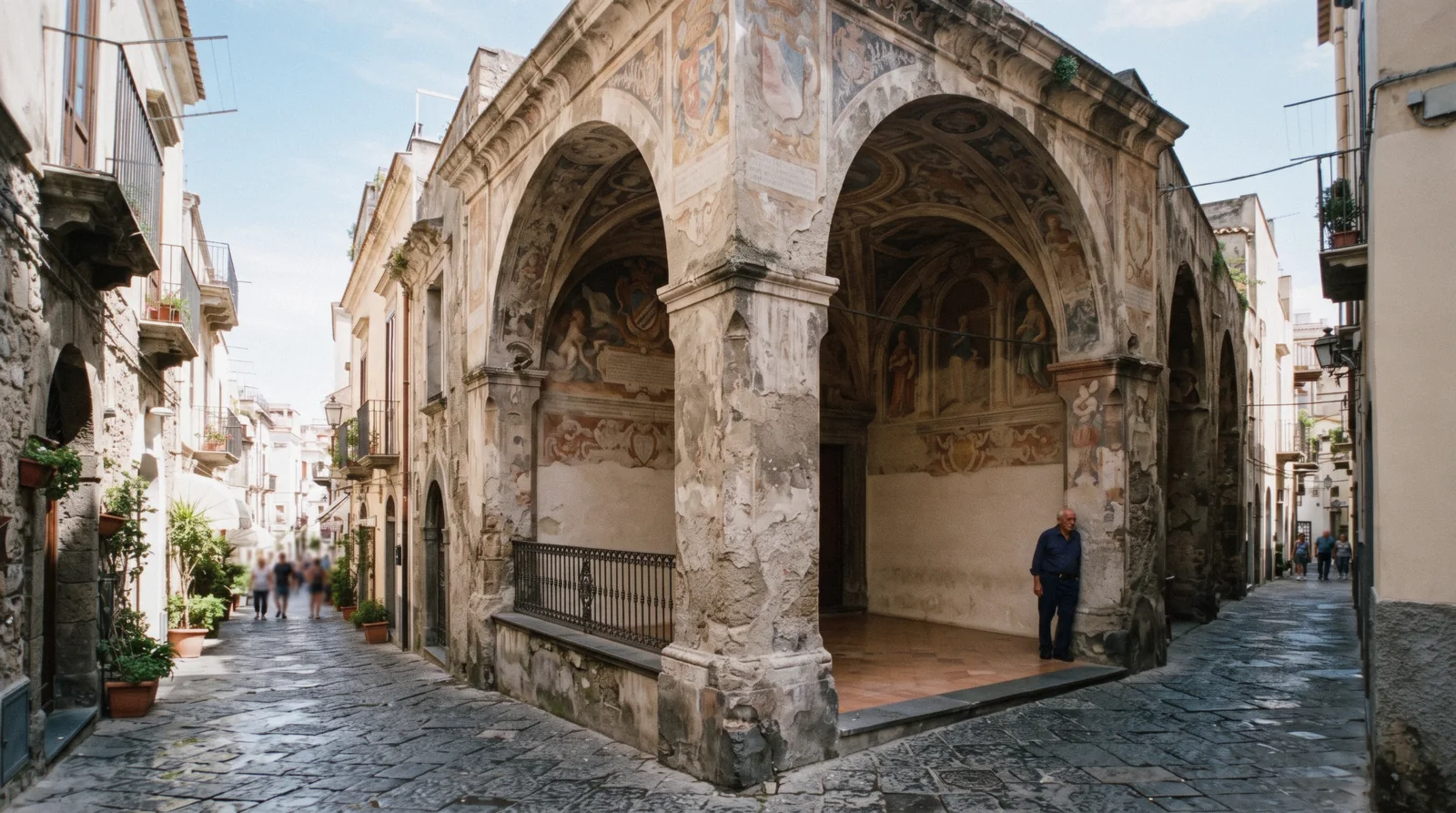 The open arches and frescoed walls of the Sedile Dominova loggia on its small square off Via San Cesareo in Sorrento