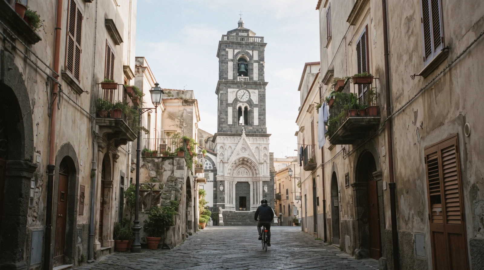 Sorrento Cathedral with its decorated facade and the Roman-base bell tower seen from the lane of Via Santa Maria della Pieta