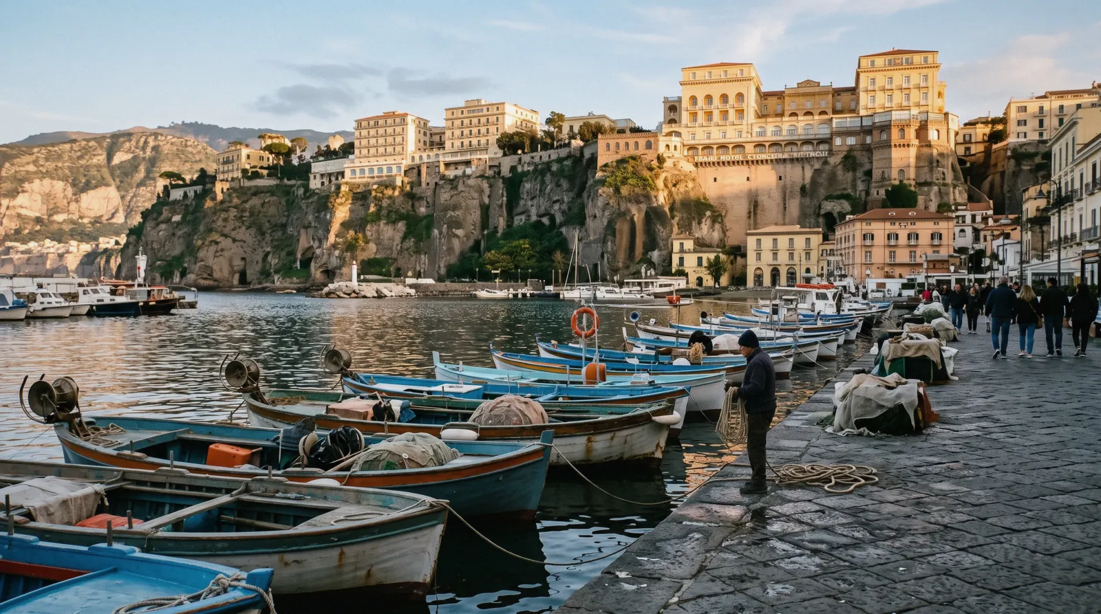 Marina Grande harbour in Sorrento at late afternoon with painted fishing boats tied in a row