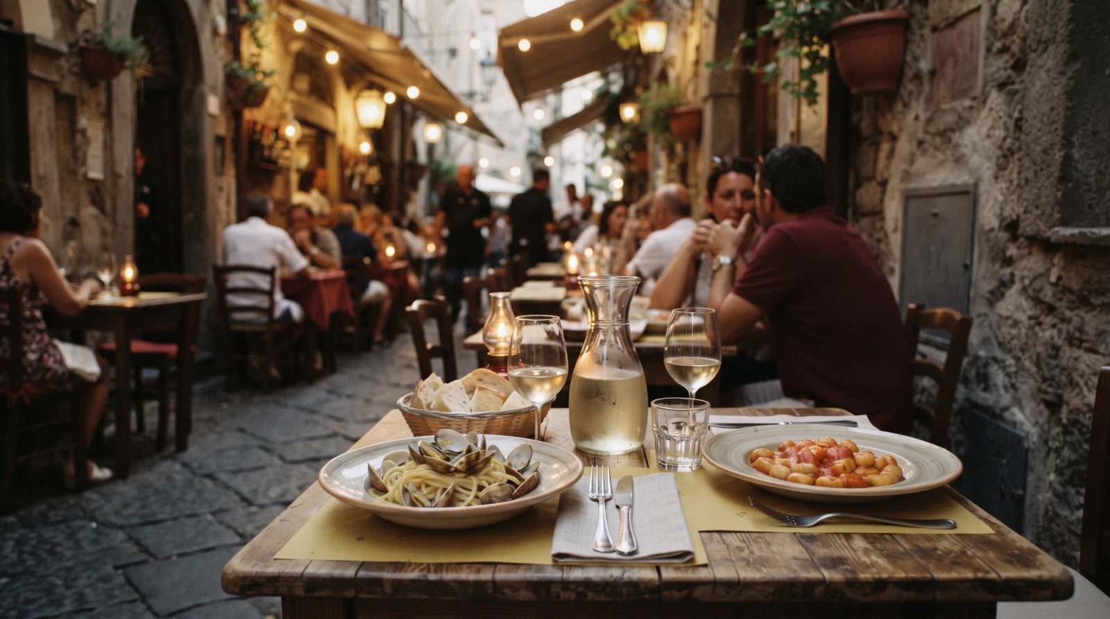 A trattoria table with two plates of pasta and a carafe of white wine on a side lane off Piazza Tasso in Sorrento
